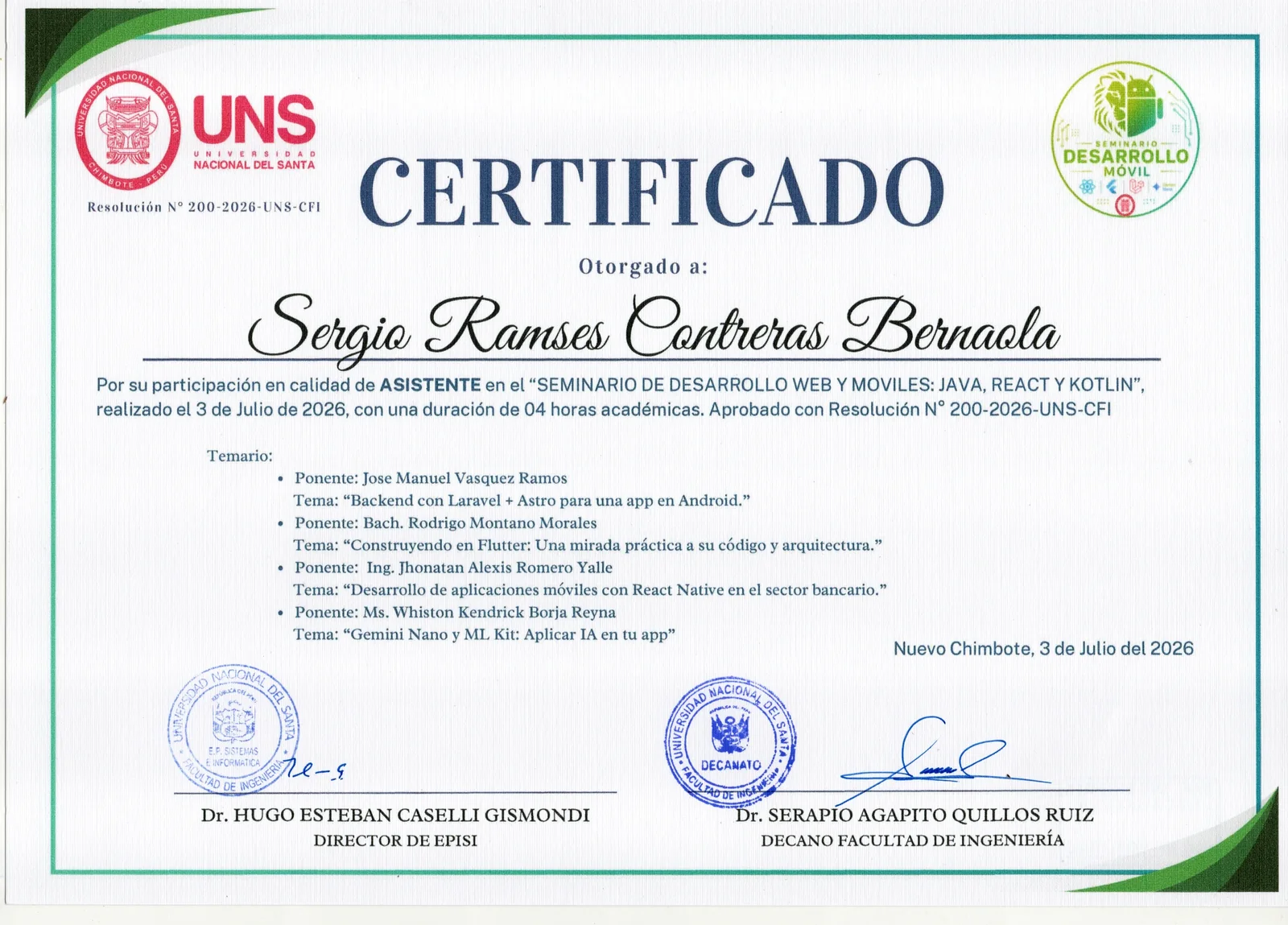 Certificado Profesional - Universidad Nacional del Santa